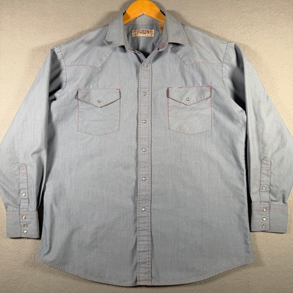Big Mac Workwear Mens Large Blue Western Pearl Snap Long Sleeve Shirt Red Stitch